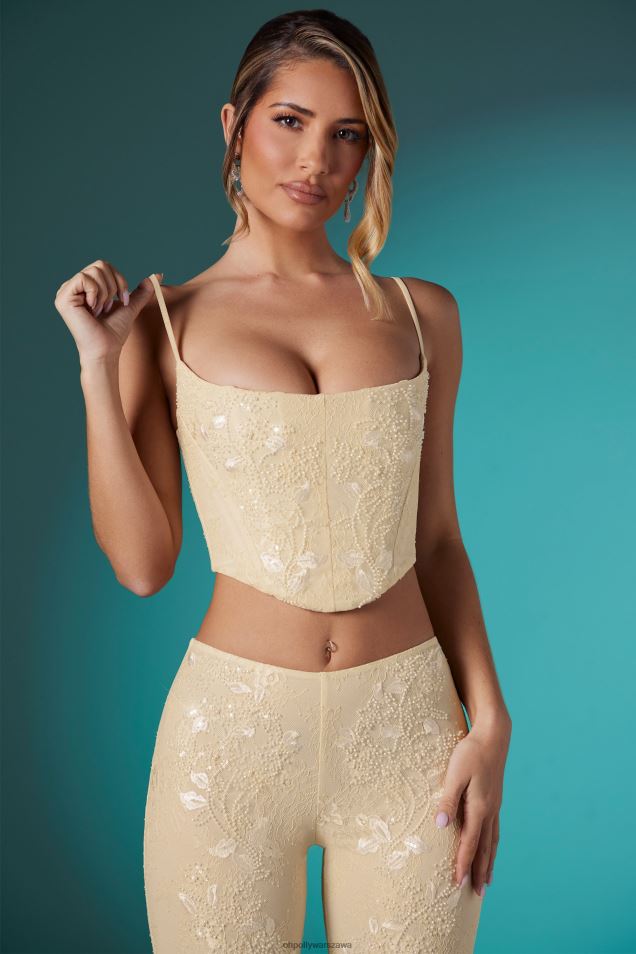 Agyness, ozdobiony koronką, krótki gorsetowy top 2FZ0T620 kość słoniowa Oh Polly