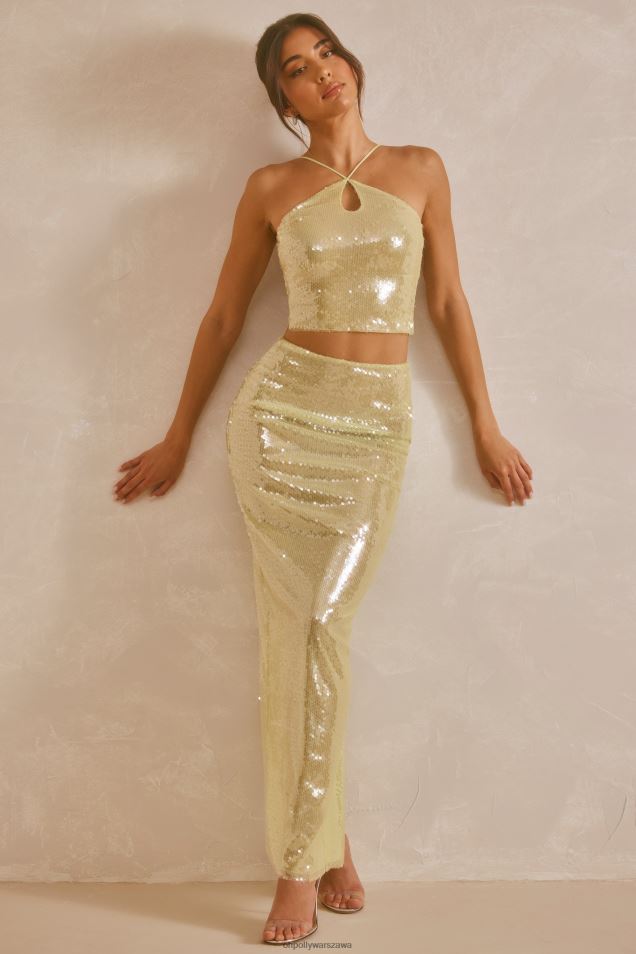 Przezroczysty, cekinowy top z dziurką od klucza i wyciętym dekoltem typu halter 2FZ0T565 pistacja Oh Polly