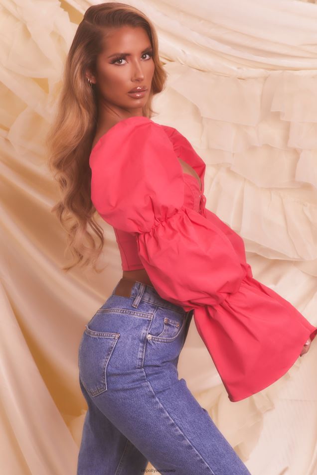 wysłany z nieba, sznurowany top z bufiastymi rękawami 2FZ0T699 gorący róż Oh Polly