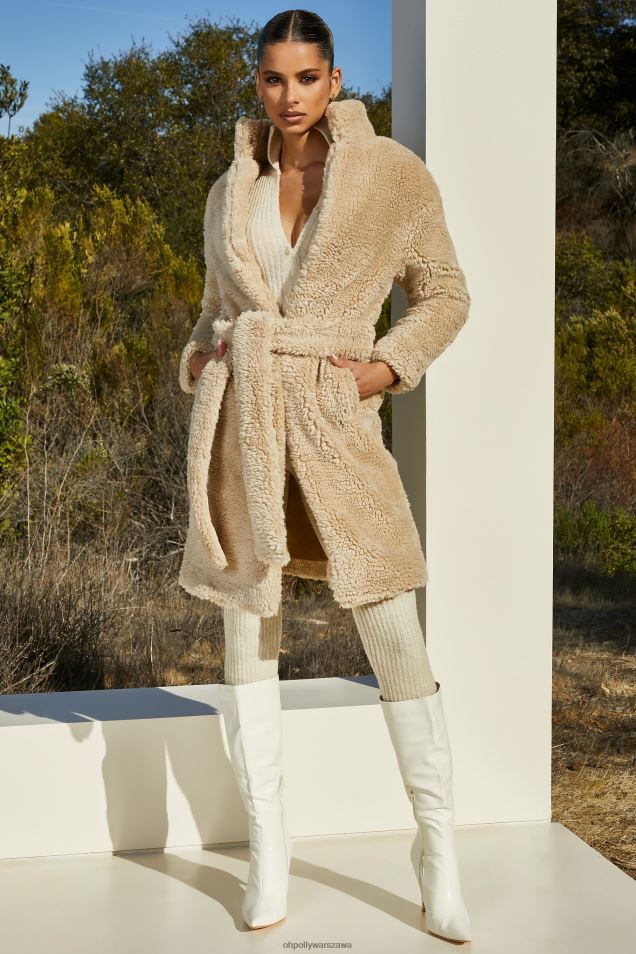 Płaszcz ze sztucznego futra Boss z paskiem 2FZ0T861 krem Oh Polly