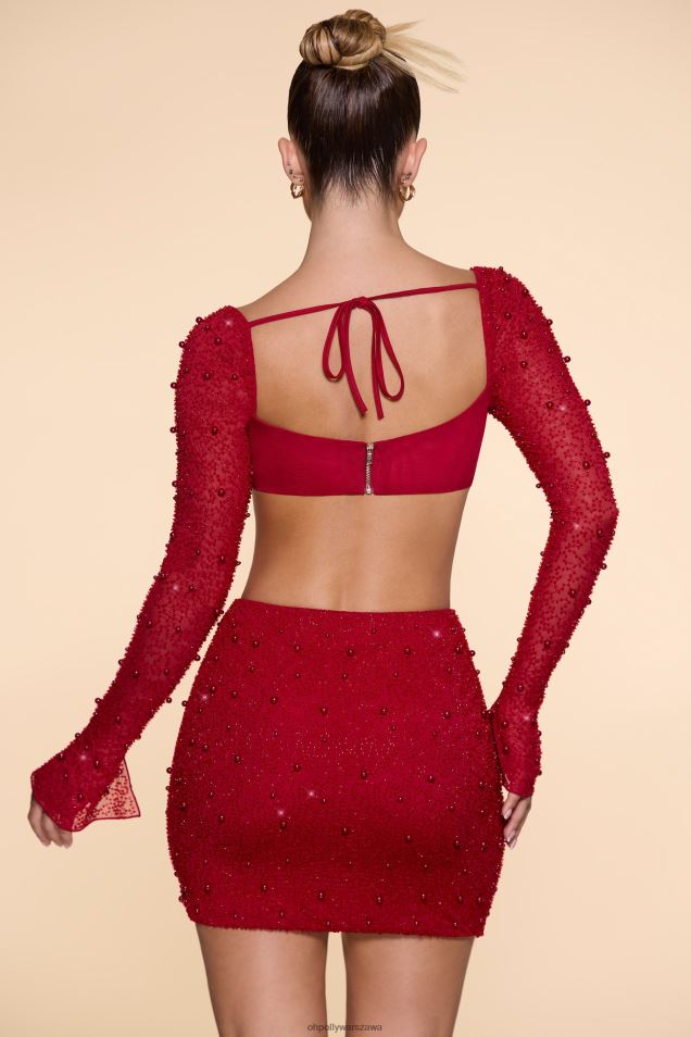 Spódnica mini Belle Ile z wysokim stanem i rozcięciem na udzie 2FZ0T783 czerwony Oh Polly