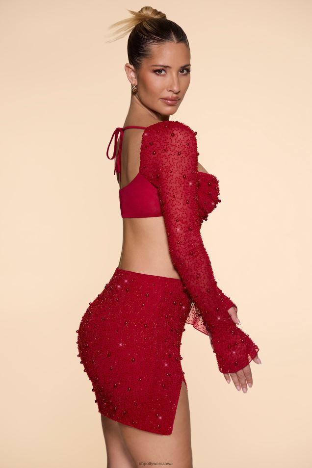 Spódnica mini Belle Ile z wysokim stanem i rozcięciem na udzie 2FZ0T783 czerwony Oh Polly