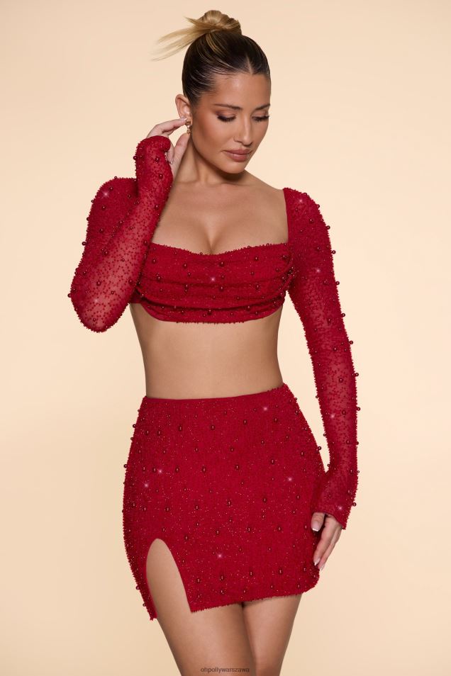 Spódnica mini Belle Ile z wysokim stanem i rozcięciem na udzie 2FZ0T783 czerwony Oh Polly