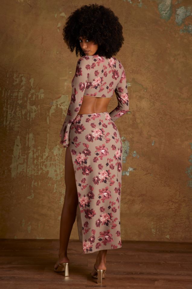 Spódnica Midaxi z rozcięciem po bokach Lale 2FZ0T802 beżowy nadruk Oh Polly