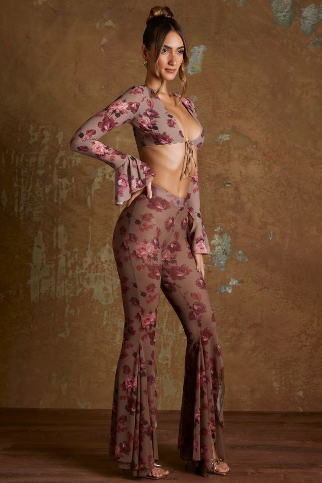 Spodnie Hazan z rozcięciem i falbaną 2FZ0T803 beżowy nadruk Oh Polly