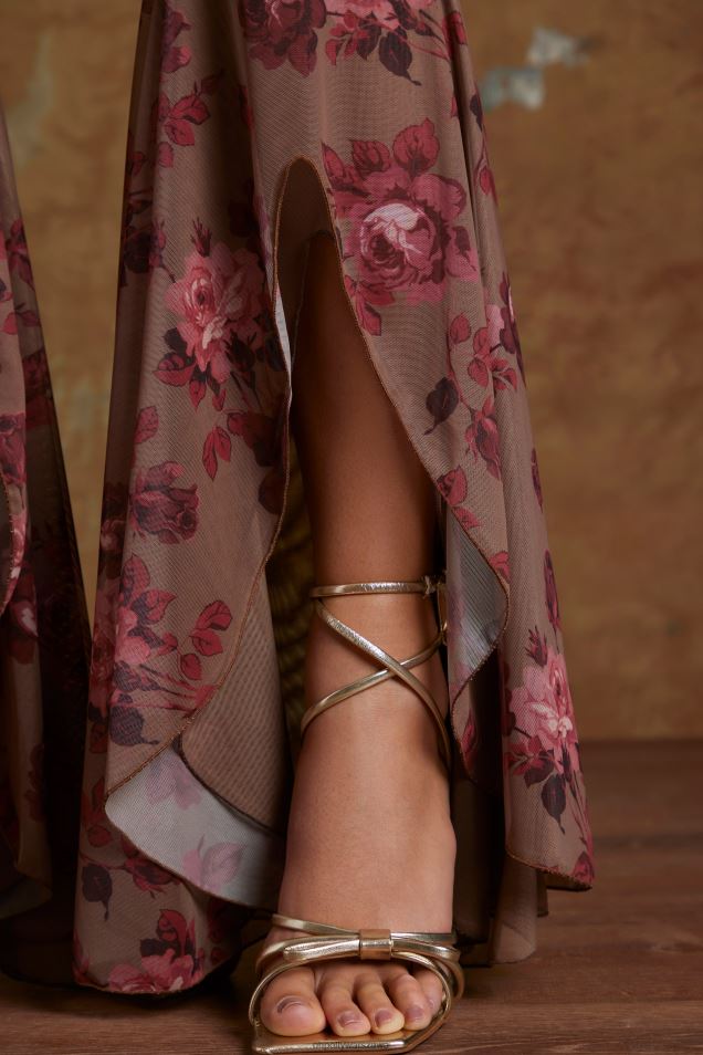 Spodnie Hazan z rozcięciem i falbaną 2FZ0T803 beżowy nadruk Oh Polly