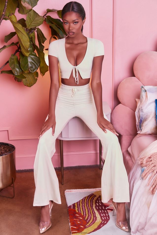 luźne, drobne spodnie z szeroką nogawką 2FZ0T850 krem Oh Polly