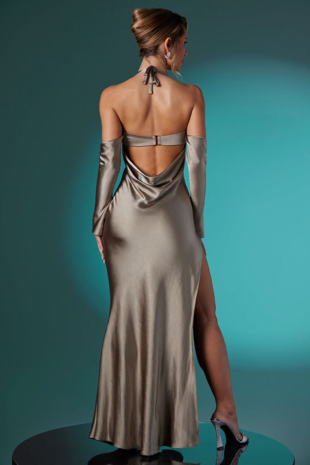 Celine sukienka z długim rękawem i dekoltem typu fishtail 2FZ0T276 kolor ciemnoszary Oh Polly