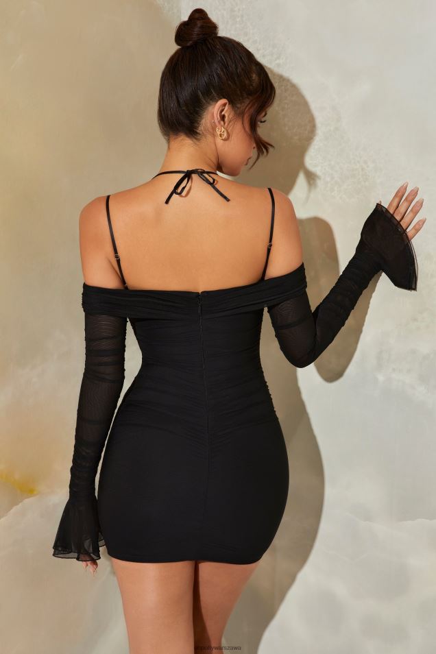 Evren Bardot – marszczona mini sukienka z długim rękawem 2FZ0T146 czarny Oh Polly