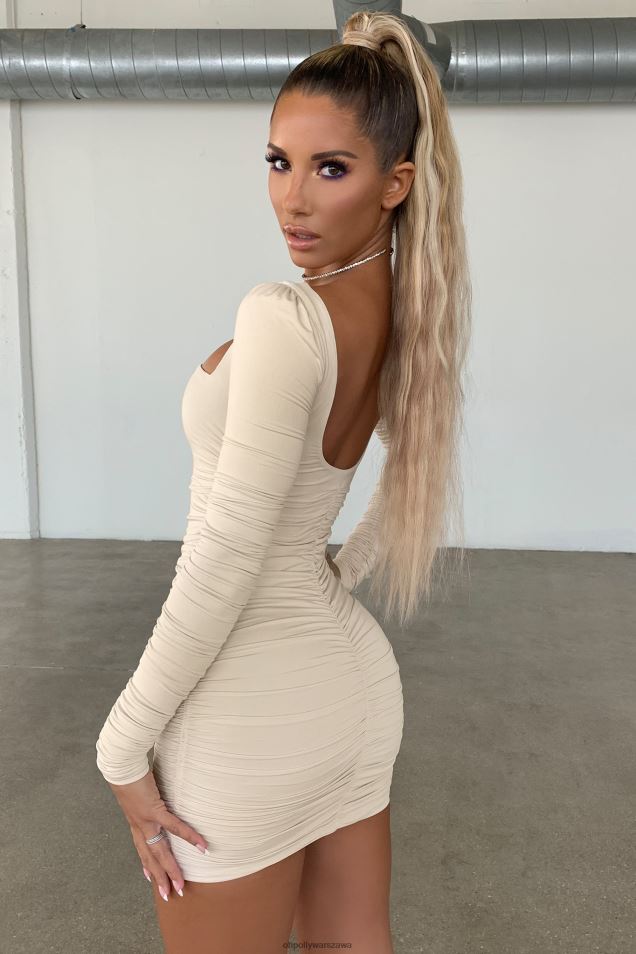 Flatter Me – marszczona mini sukienka z długim rękawem 2FZ0T538 ostryga biała Oh Polly