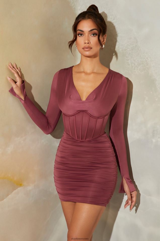 Gorsetowa mini sukienka Della z długim rękawem i dekoltem w serek 2FZ0T373 ciemny fiolet Oh Polly
