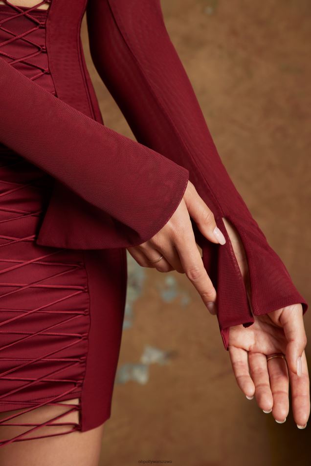 Koronkowa gorsetowa sukienka Belkis z długim rękawem i mikro mini 2FZ0T287 wino Oh Polly