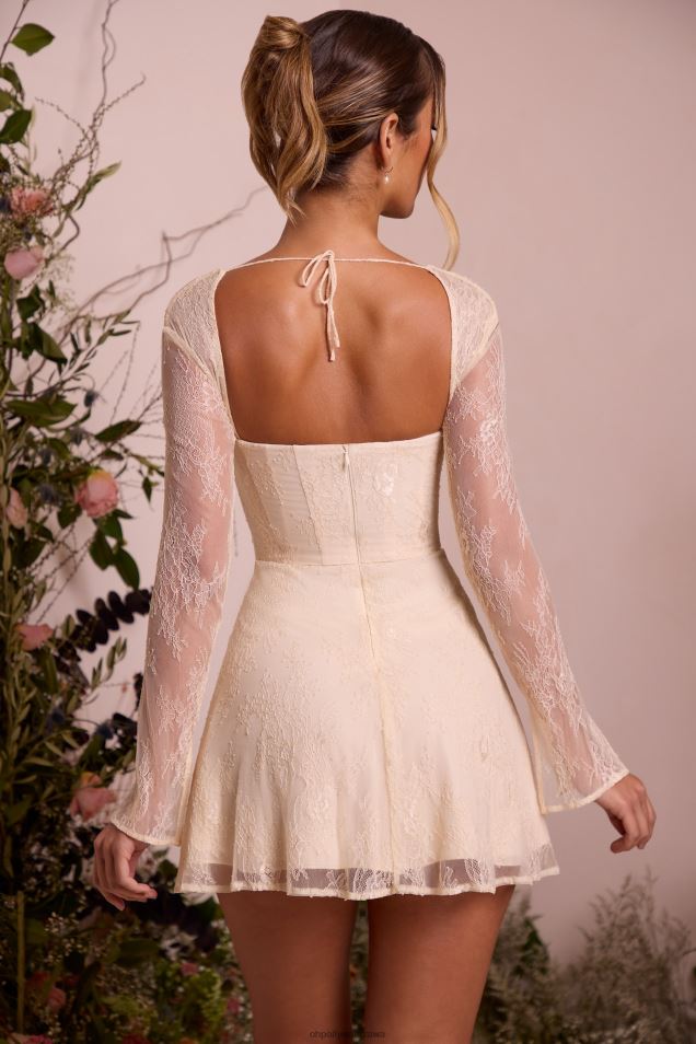 Koronkowa sukienka mini z gorsetem Nitte z długim rękawem 2FZ0T260 kość słoniowa Oh Polly