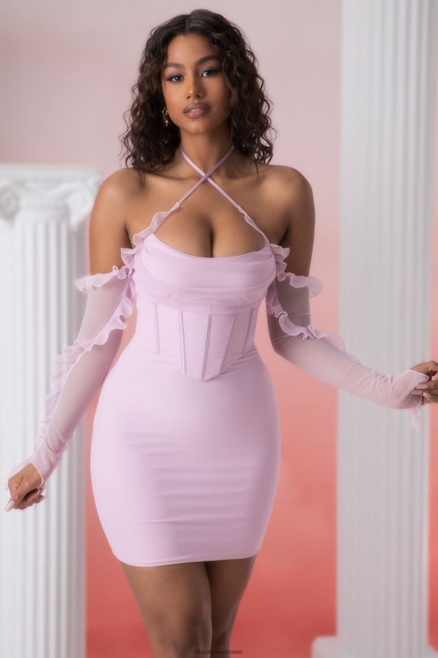 Makaria Sukienka mini z falbankami i dekoltem w serek 2FZ0T445 różowy Oh Polly