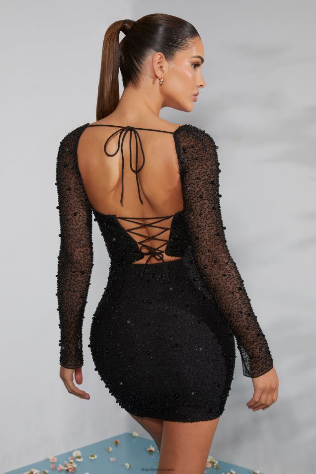 Milan – Zdobiona gorsetowa sukienka mini z długim rękawem 2FZ0T223 czarny Oh Polly