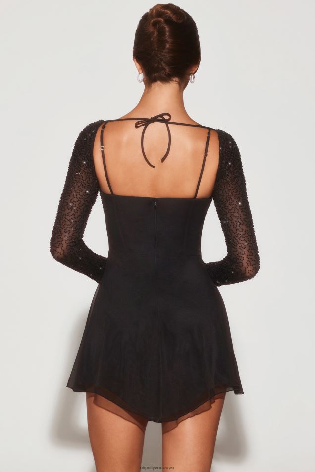 Neapolitańska sukienka mini z długimi rękawami i wyciętym pod kątem dekoltem 2FZ0T10 czarny Oh Polly