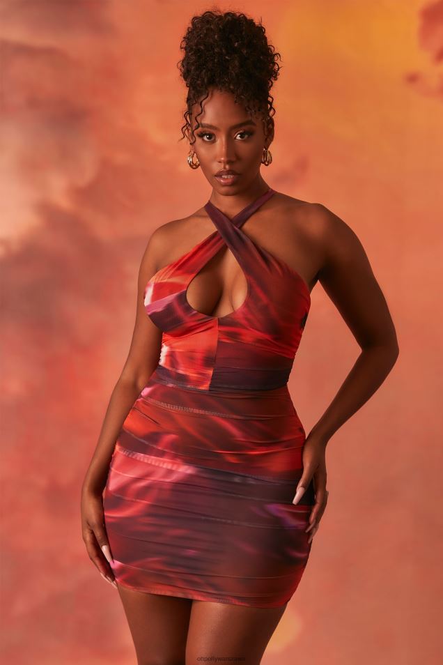 Nie z tego świata mini sukienka z siateczki o kroju crossover 2FZ0T513 Pomarańczowy Oh Polly