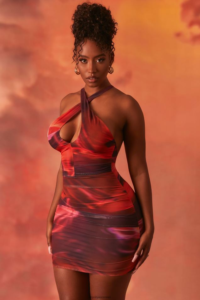 Nie z tego świata mini sukienka z siateczki o kroju crossover 2FZ0T513 Pomarańczowy Oh Polly