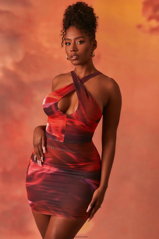 Nie z tego świata mini sukienka z siateczki o kroju crossover 2FZ0T513 Pomarańczowy Oh Polly