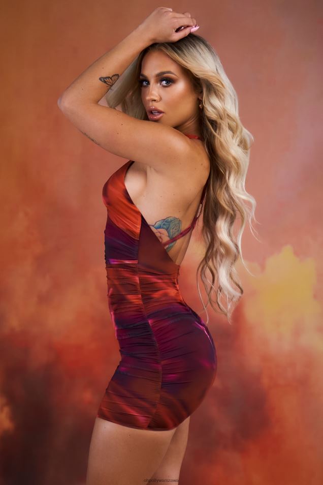 Nie z tego świata mini sukienka z siateczki o kroju crossover 2FZ0T513 Pomarańczowy Oh Polly