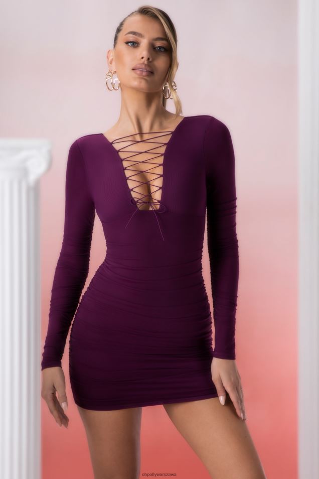 Pragma, koronkowa sukienka mini z długim rękawem 2FZ0T428 wino Oh Polly