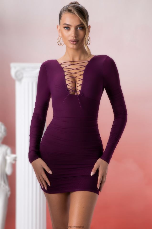 Pragma, koronkowa sukienka mini z długim rękawem 2FZ0T428 wino Oh Polly