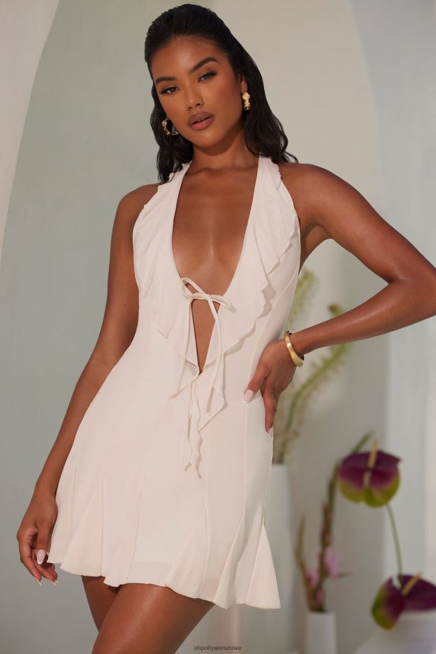 Sienna sukienka mini z falbanką i dekoltem wiązanym na szyi 2FZ0T19 kość słoniowa Oh Polly