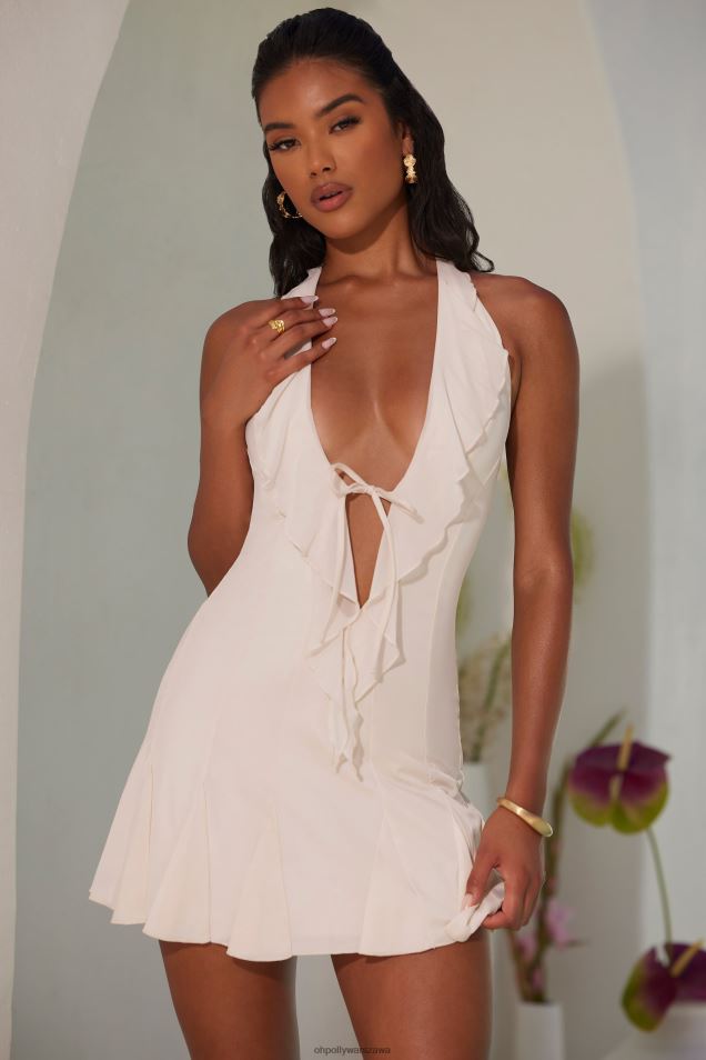 Sienna sukienka mini z falbanką i dekoltem wiązanym na szyi 2FZ0T19 kość słoniowa Oh Polly