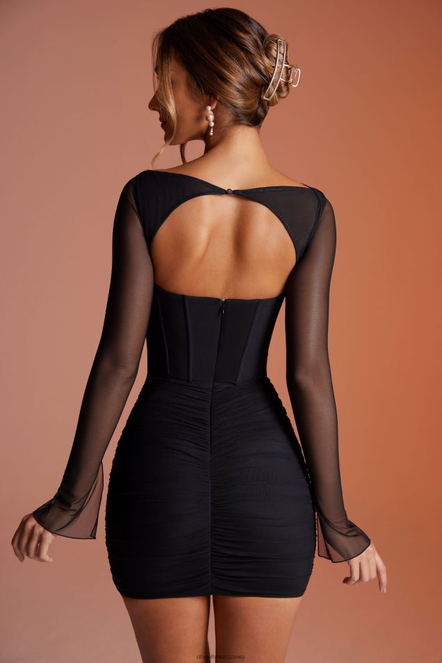 Sukienka mini Nirvana z długimi rękawami i marszczoną fakturą 2FZ0T148 czarny Oh Polly