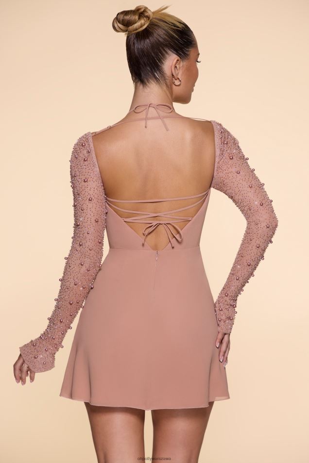 Sukienka mini o linii A z długim rękawem i dekoltem w kształcie litery A 2FZ0T61 beżowy Oh Polly