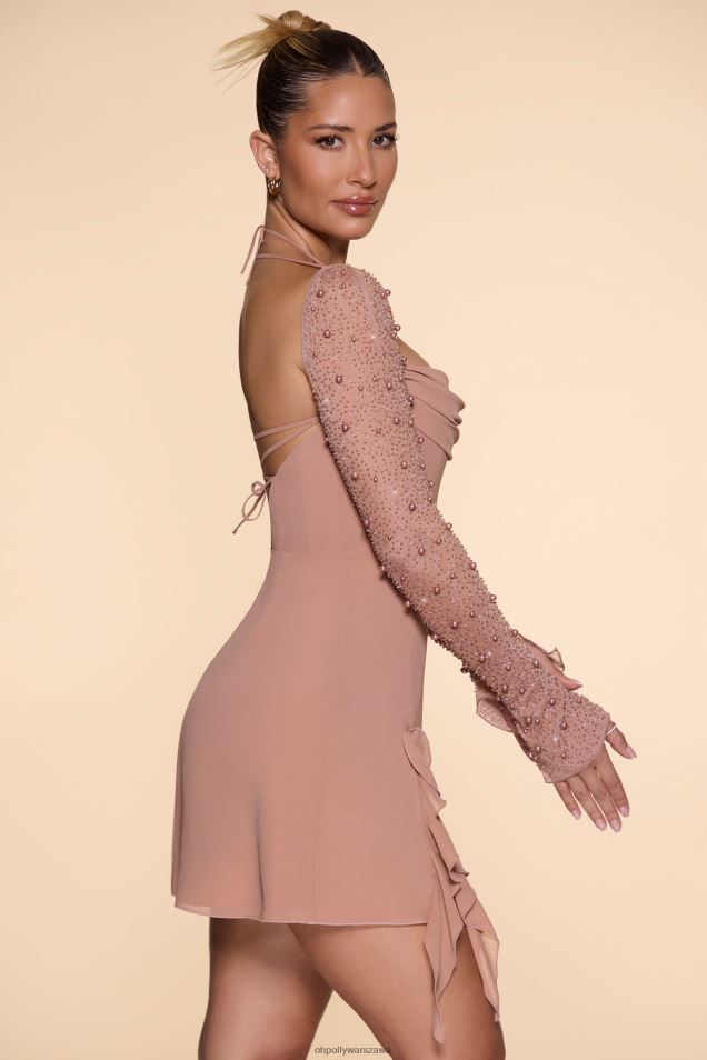 Sukienka mini o linii A z długim rękawem i dekoltem w kształcie litery A 2FZ0T61 beżowy Oh Polly