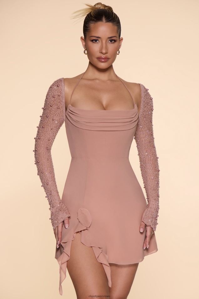 Sukienka mini o linii A z długim rękawem i dekoltem w kształcie litery A 2FZ0T61 beżowy Oh Polly