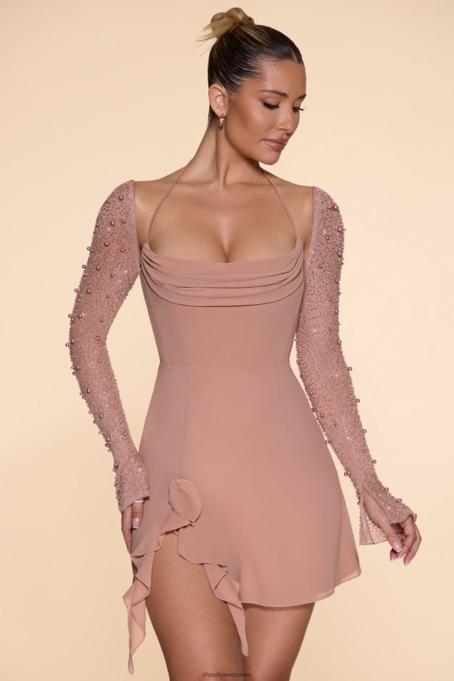 Sukienka mini o linii A z długim rękawem i dekoltem w kształcie litery A 2FZ0T61 beżowy Oh Polly