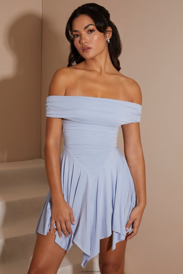 Sukienka mini typu bardot z aurelią i obszytą chusteczką 2FZ0T239 niebieski Oh Polly