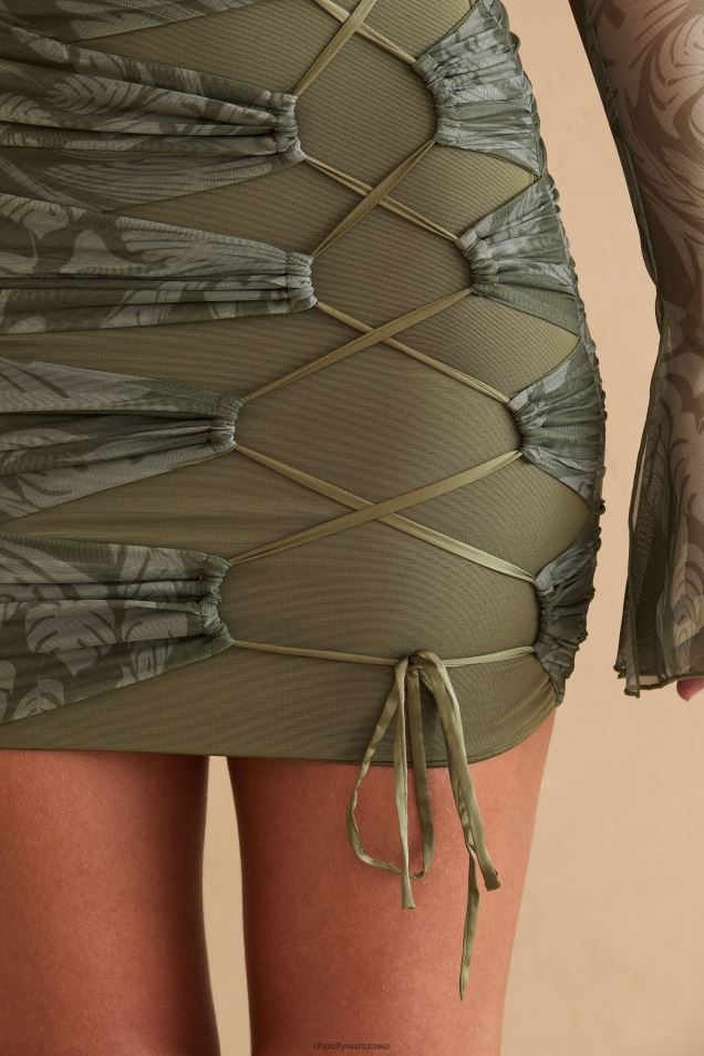 Sukienka mini z długim rękawem i panelami Asli 2FZ0T321 nadruk w kolorze oliwkowym Oh Polly