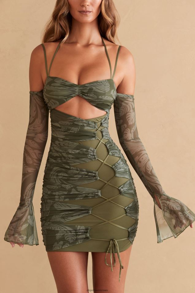 Sukienka mini z długim rękawem i panelami Asli 2FZ0T321 nadruk w kolorze oliwkowym Oh Polly