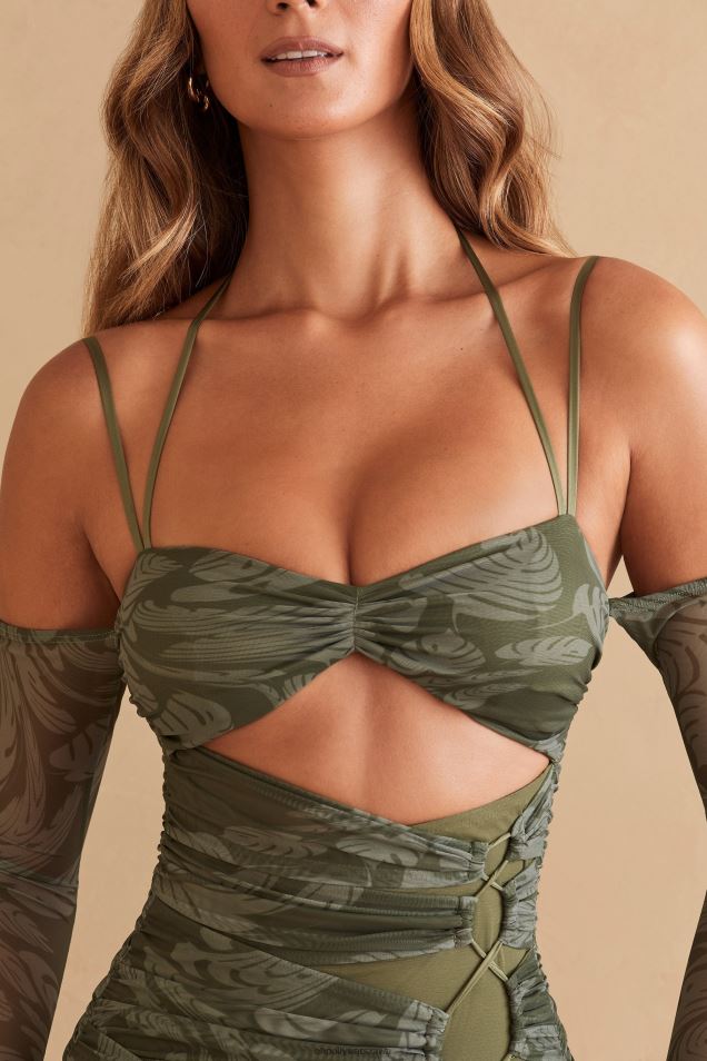 Sukienka mini z długim rękawem i panelami Asli 2FZ0T321 nadruk w kolorze oliwkowym Oh Polly