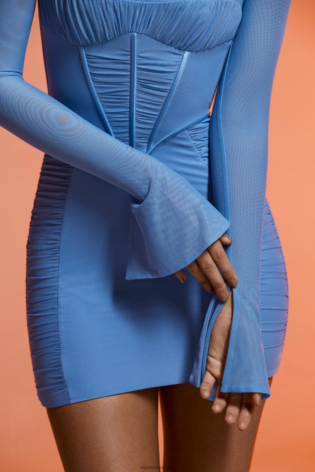 Sukienka mini z długimi rękawami i marszczoną tasnim 2FZ0T168 niebieski Oh Polly