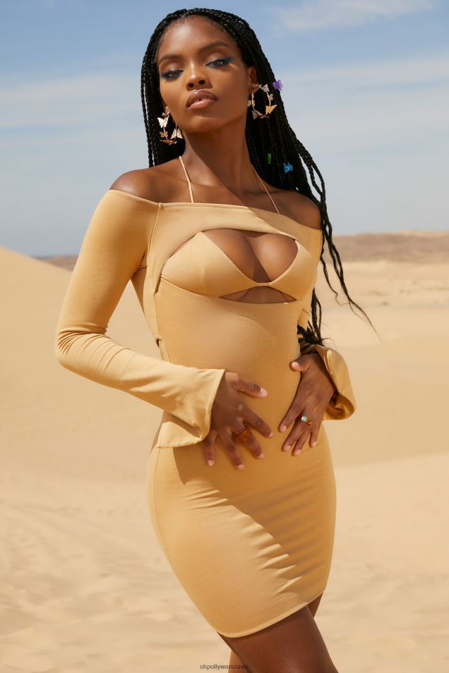 Sukienka mini z wycięciem na ramionach i ciepłym piaskiem 2FZ0T183 beżowy Oh Polly