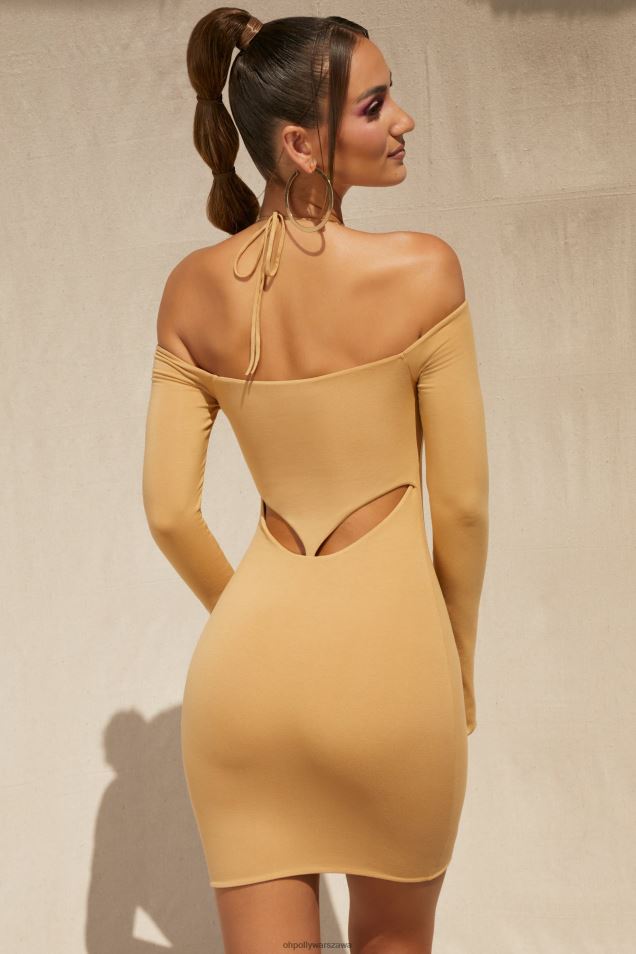 Sukienka mini z wycięciem na ramionach i ciepłym piaskiem 2FZ0T183 beżowy Oh Polly