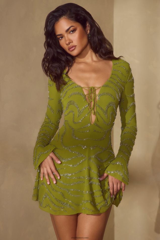 Sznurowana mini sukienka estelle z długim rękawem 2FZ0T56 Oliwa Oh Polly