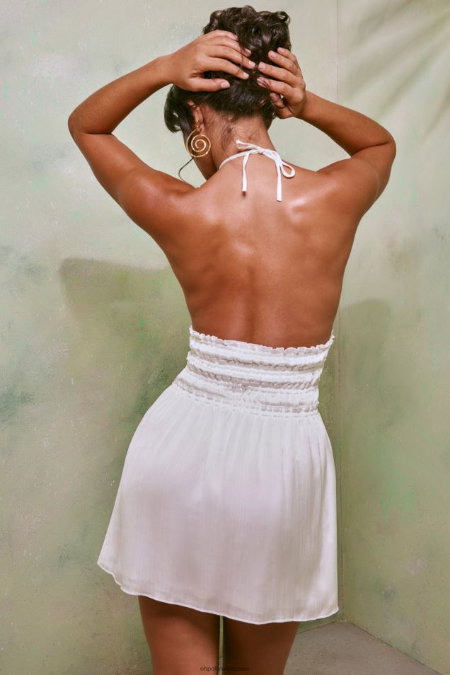 Tulia Marszczona sukienka mini z dekoltem wiązanym na szyi i wycięciem 2FZ0T43 biały Oh Polly