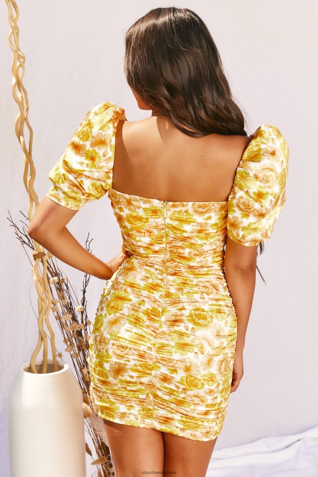gdzie miłość rośnie, sukienka mini z bufiastymi rękawami i kopertowym przodem 2FZ0T521 cytrynowy Oh Polly