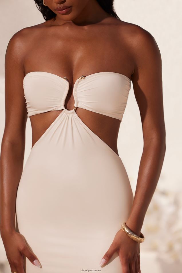 Sukienka typu bandeau o długości do podłogi w kolorze jałowca, marszczona, ze sprzączkami 2FZ0T20 kość słoniowa Oh Polly