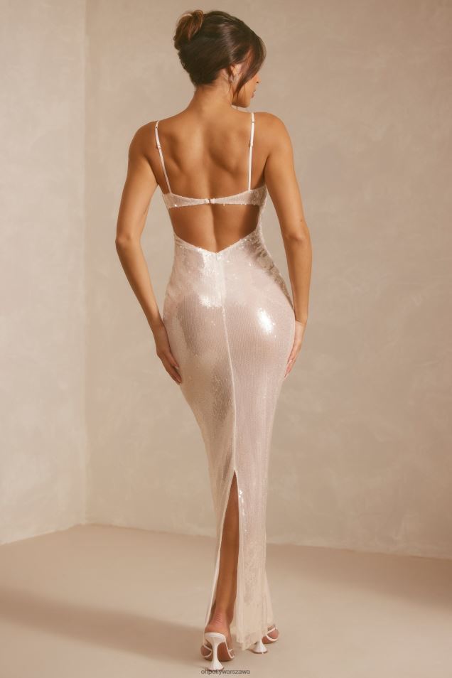 Marlena Przezroczysta, cekinowa suknia wieczorowa z wycięciem z tyłu i dekoltem w kształcie litery V 2FZ0T2 biały Oh Polly