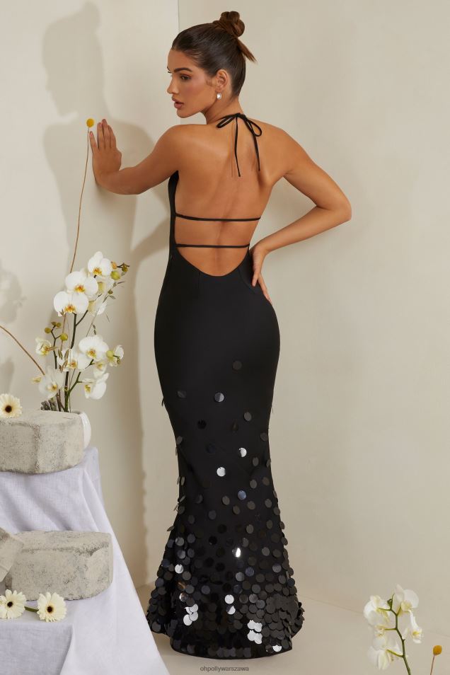 Satynowa sukienka maxi z dekoltem w kształcie magnolii i zdobieniem 2FZ0T217 czarny Oh Polly