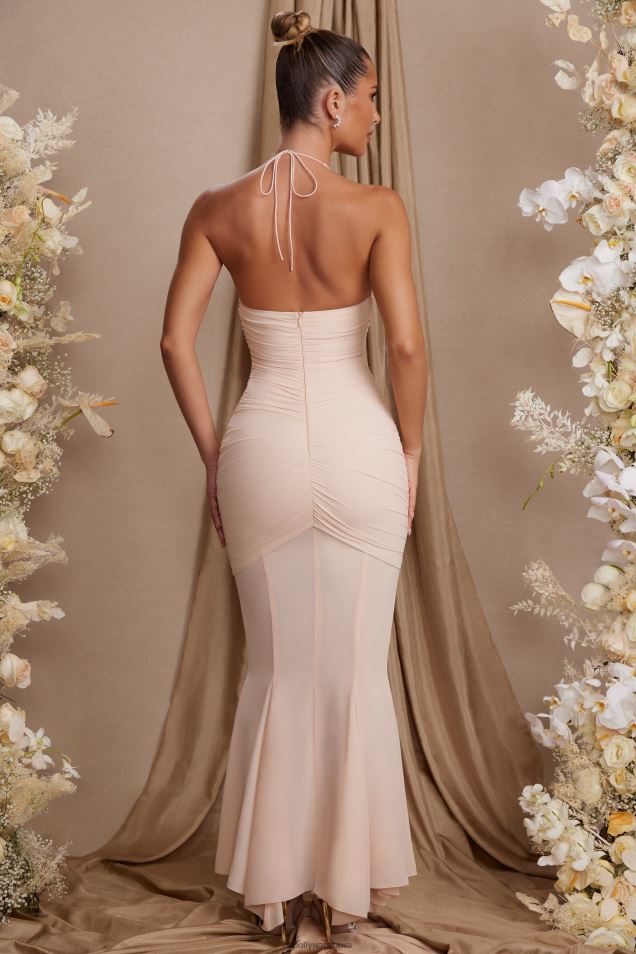 Sukienka maxi z wycięciem na szyi i wycięciem na szyi 2FZ0T93 krem Oh Polly