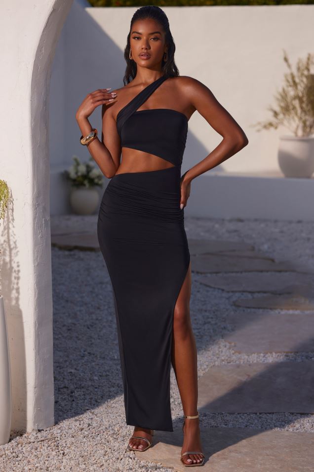 Suvi sukienka maxi z asymetrycznym dekoltem i marszczonymi wycięciami 2FZ0T23 czarny Oh Polly