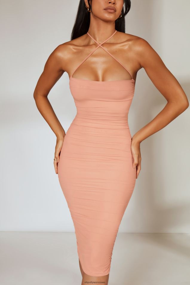 Klasyczna marszczona sukienka midi z krzyżowanymi paskami z przodu 2FZ0T316 rumieniec Oh Polly