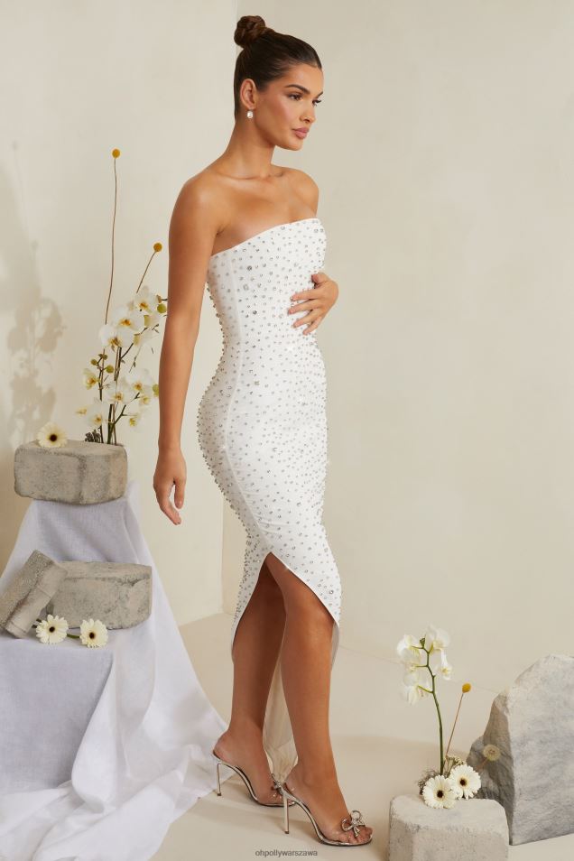 Ręcznie zdobiona asymetryczna sukienka midi vivica 2FZ0T219 biały Oh Polly